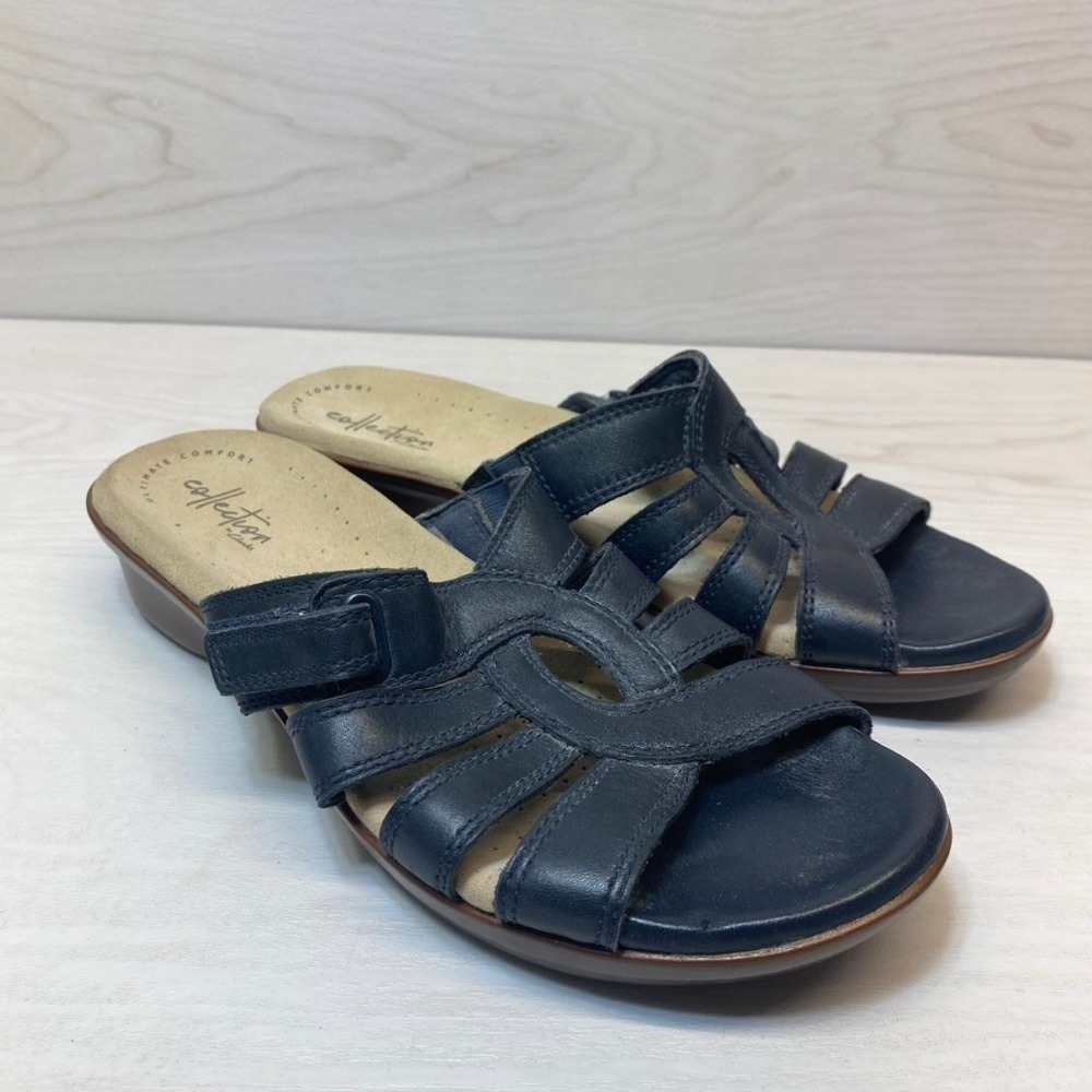 Clarks Womens 9 Slide Sandals Wedge Navy Blue Leather Strappy Ultimate Comfort